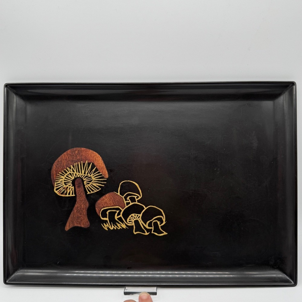 Vintage Couroc of Monterey MCM Mushroom Fused Brass Wood Black Serving Tray 15"